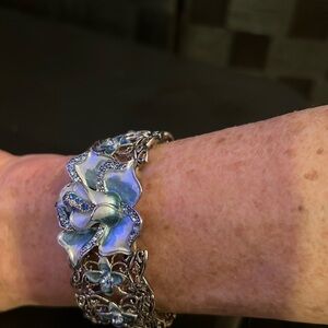 Silver Plated Blue Flower With Rhinestones Elastic Stretch Slip On Bracelet